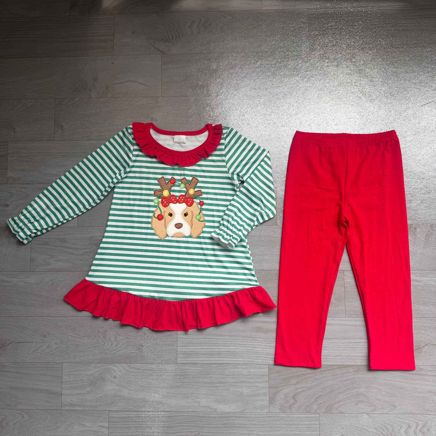 7.15 GLP3494 Preorder Dog Green Stripes Top Red Legging Pants Girls Christmas Clothes Set