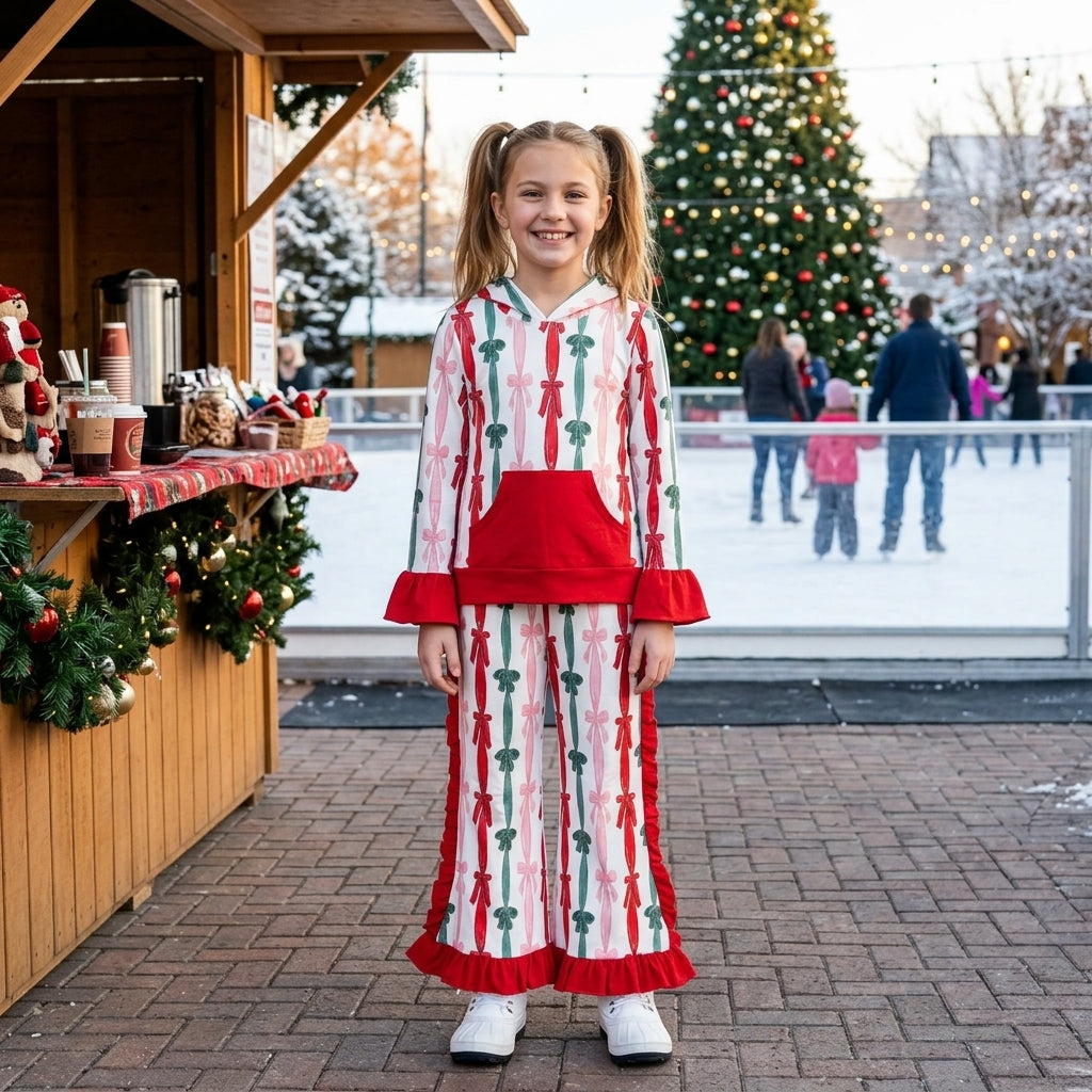 GLP3497 Bows Stripes Hoodie Top Ruffle Bell Pants Girls Christmas Clothes Set