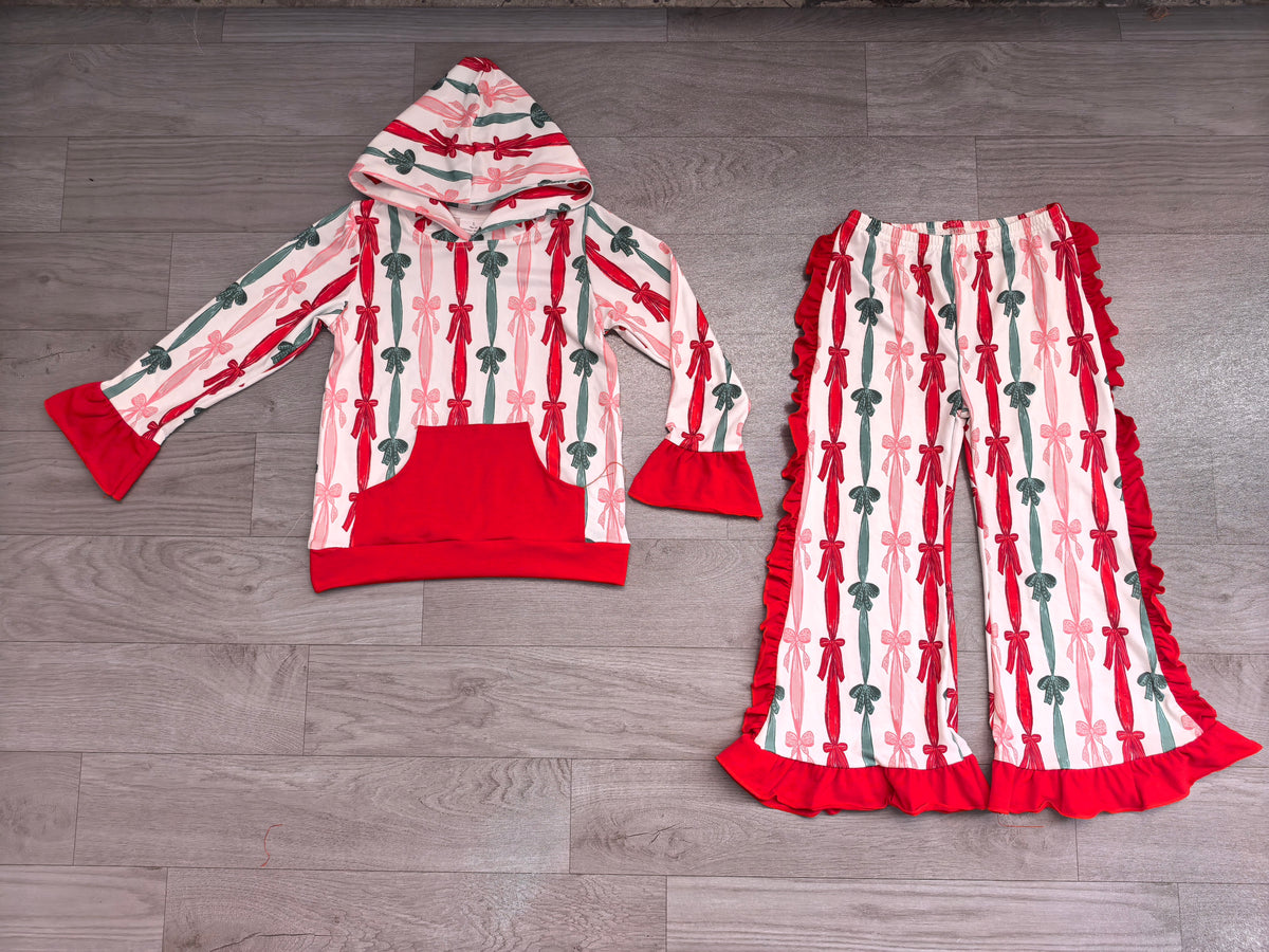 7.15 GLP3497 Preorder Bows Stripes Hoodie Top Ruffle Pants Girls Christmas Clothes Set