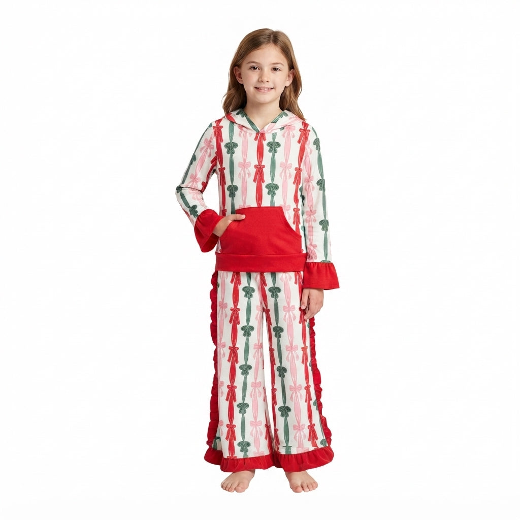 GLP3497 Bows Stripes Hoodie Top Ruffle Bell Pants Girls Christmas Clothes Set