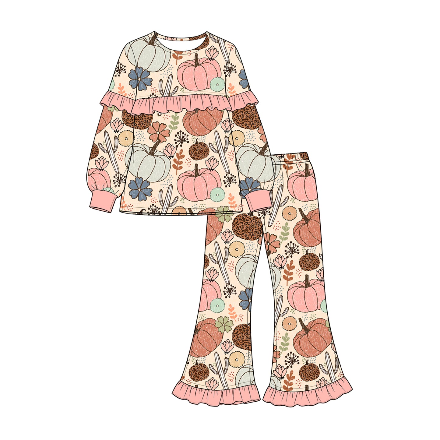 7.16 GLP3502 Preorder Pumpkin Ruflle Top Bell Pants Girls Fall Clothes Set