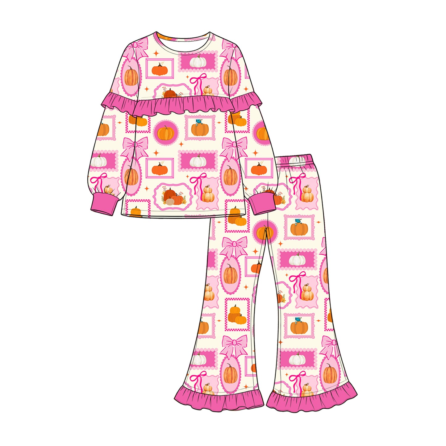 7.16 GLP3504 Preorder Pumpkin Bows Pink Ruflle Top Bell Pants Girls Fall Clothes Set