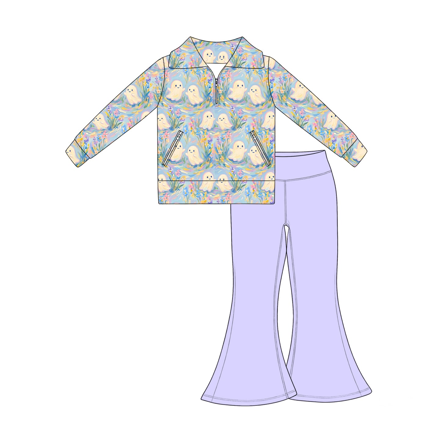 7.17  Preorder Kids Halloween Ghost Pullover Top with Violet Bell Bottom Pants Outfit
