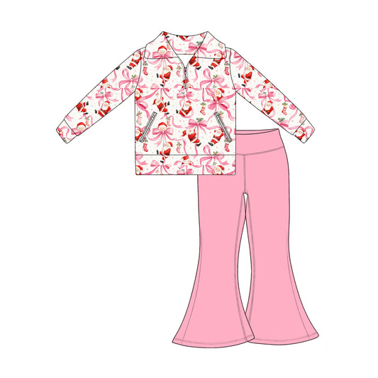7.17  Preorder Kids Christmas Santa Bow Pullover Top with Pink Bell Bottom Pants Outfit