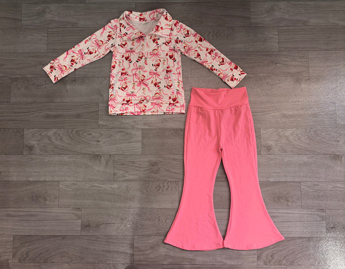 7.17  Preorder Kids Christmas Santa Bow Pullover Top with Pink Bell Bottom Pants Outfit