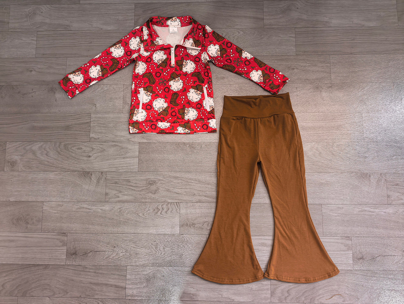 7.17  Preorder Kids Christmas Cowboy Pullover Top with Brown Bell Bottom Pants Outfit
