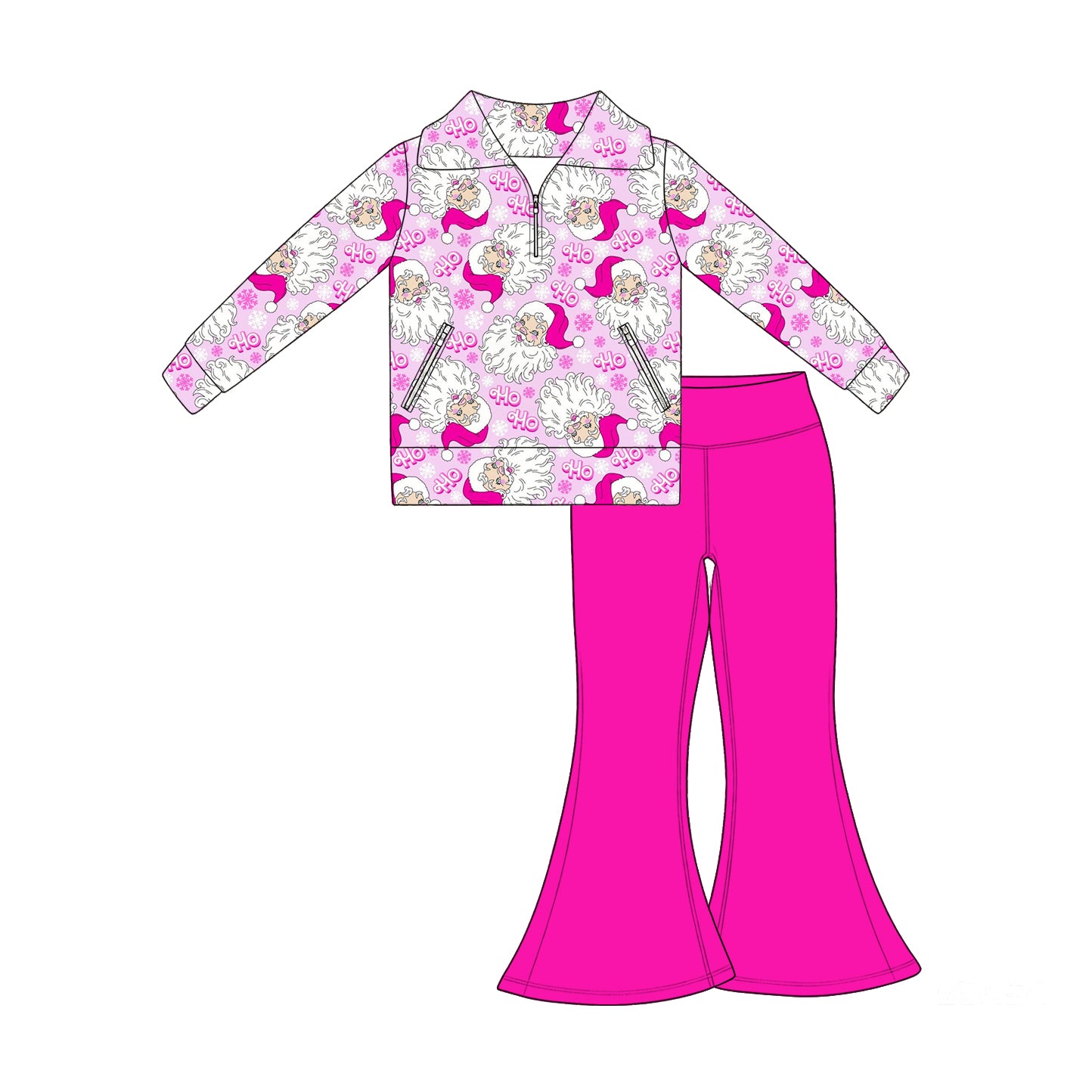 7.17  Preorder Kids Christmas  Sante Pullover Top with Hot Pink Bell Bottom Pants Outfit