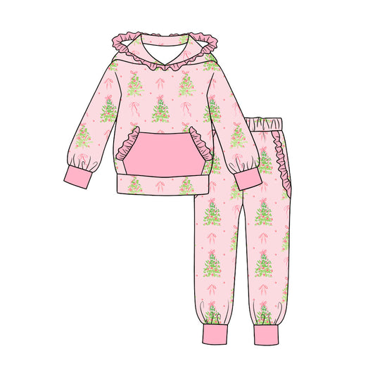 7.18 Preorder Girls  Christmas  Tree Long Sleeve Ruffle Pink Hooded Sweatshirt Pants Outfit