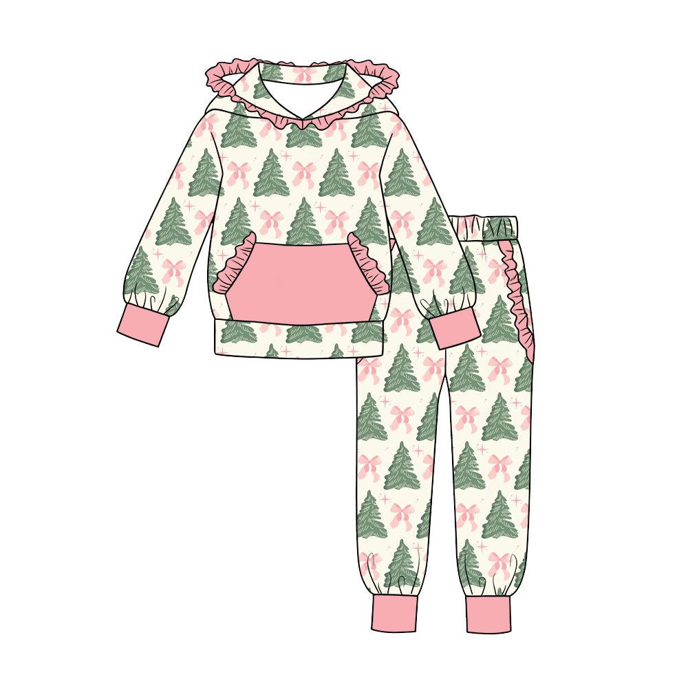 7.18 Preorder Girls  Christmas  Tree Bow Long Sleeve Ruffle  Hooded Sweatshirt Pants Outfit
