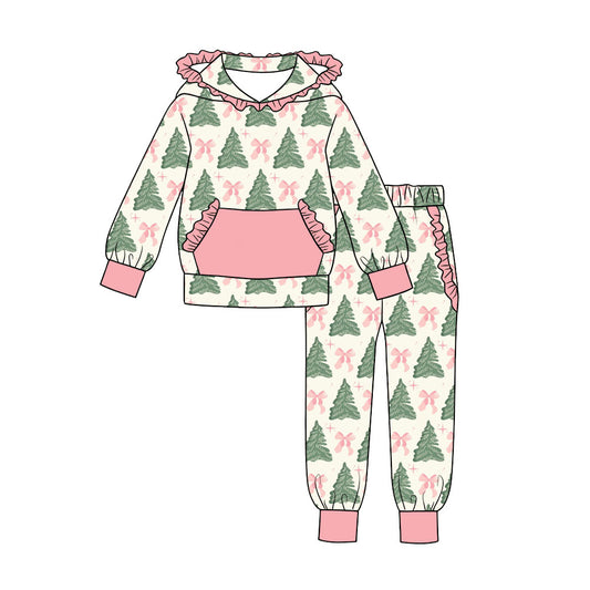 7.18 Preorder Girls  Christmas  Tree Bow Long Sleeve Ruffle  Hooded Sweatshirt Pants Outfit