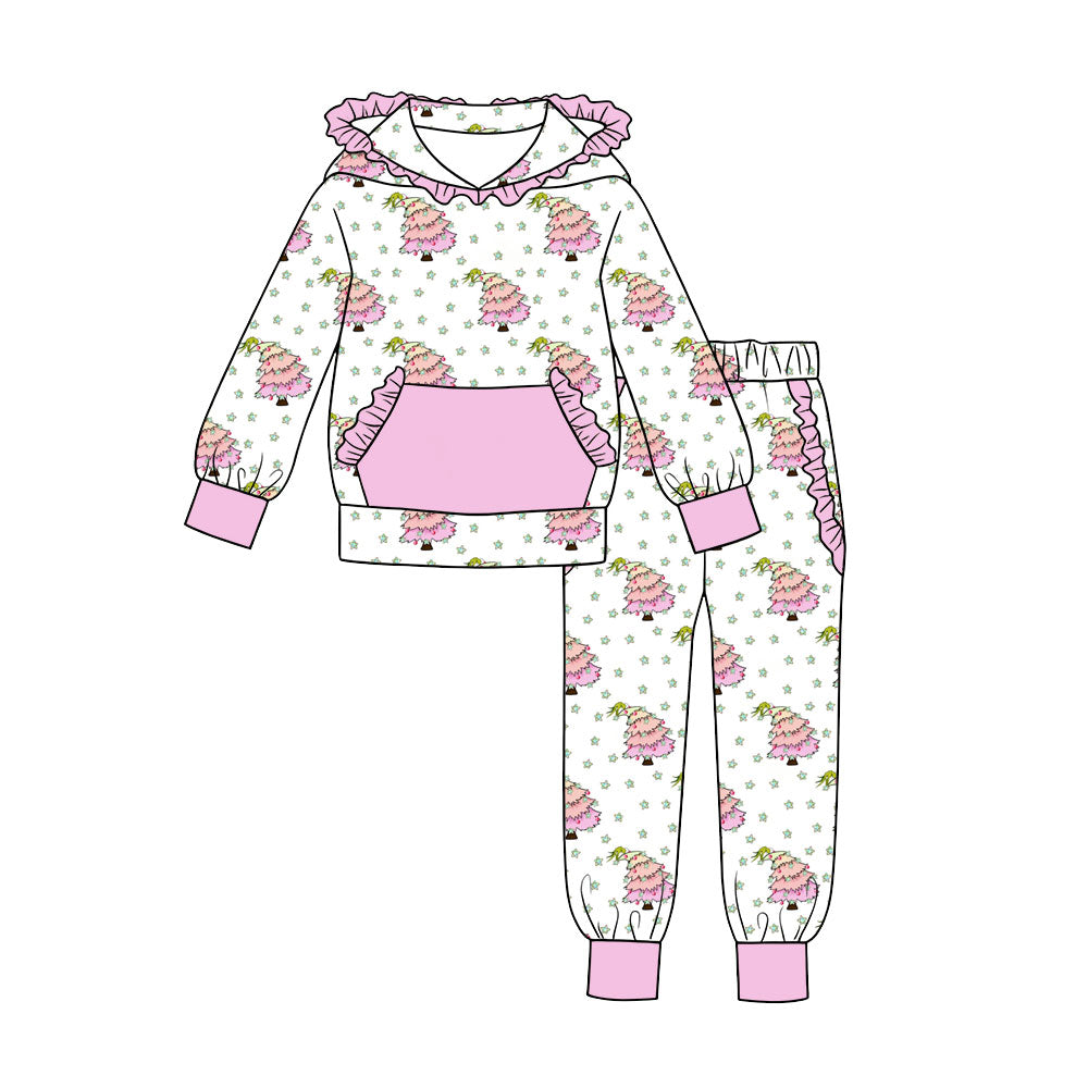 7.18 Preorder Girls  Christmas Tree Long Sleeve Ruffle  Hooded  Pants Outfit