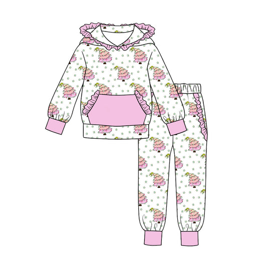 7.18 Preorder Girls  Christmas Tree Long Sleeve Ruffle  Hooded  Pants Outfit
