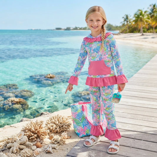GLP3518 Seaweed Hot Pink Hoodie Top Ruffle Pants Girls Fall Clothes Set