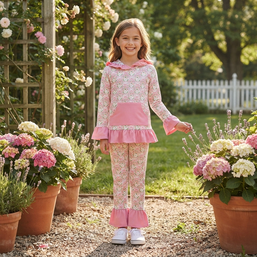 GLP3520 Flowers Bows Pink Hoodie Top Pants Girls Fall Ruffle Clothes Set