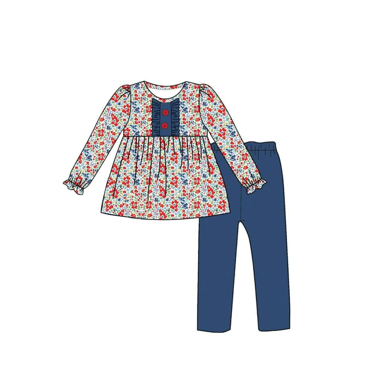 7.20  GLP3522 Preorder Flowers Tunic Top Navy Legging Pants Girls Clothes Set