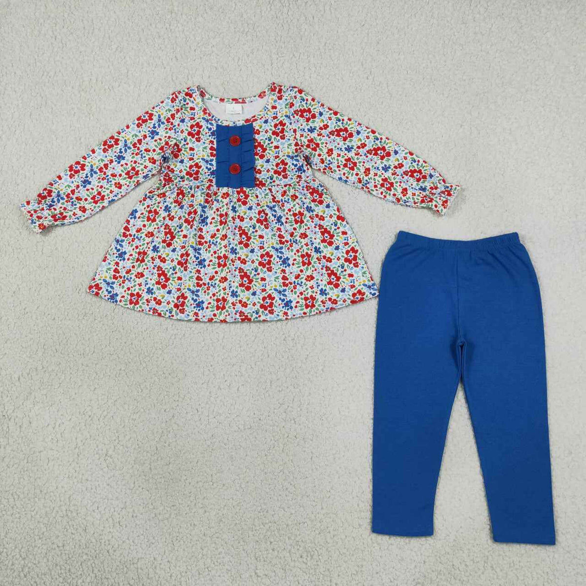 GLP3522 Colorful Small Flowers Tunic Top Blue Legging Pants Girls Clothes Set