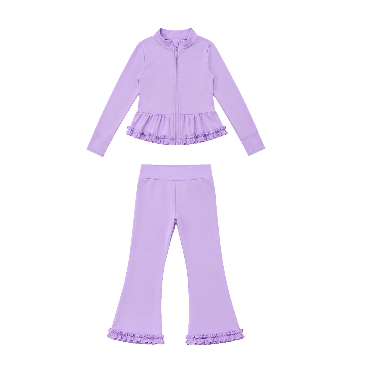 7.21 GLP3523 Preorder Purple Color Zipper Ruffle Top Bell Pants Girls Yoga Clothes Set