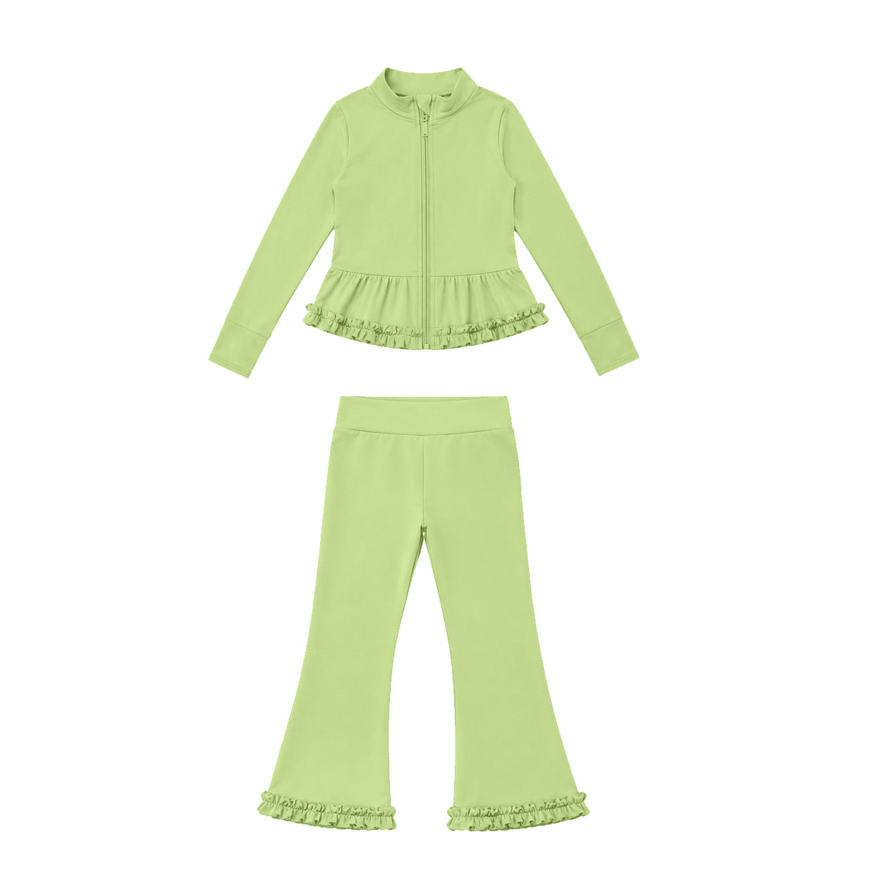 7.21 GLP3524 Preorder Green Color Zipper Ruffle Top Bell Pants Girls Yoga Clothes Set