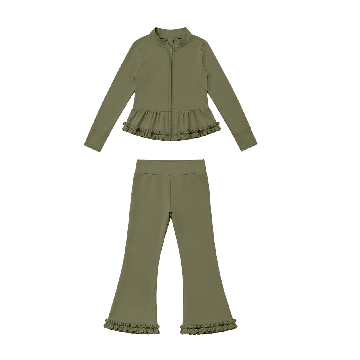 7.21 GLP3527 Preorder Dark Green Color Zipper Ruffle Top Bell Pants Girls Yoga Clothes Set