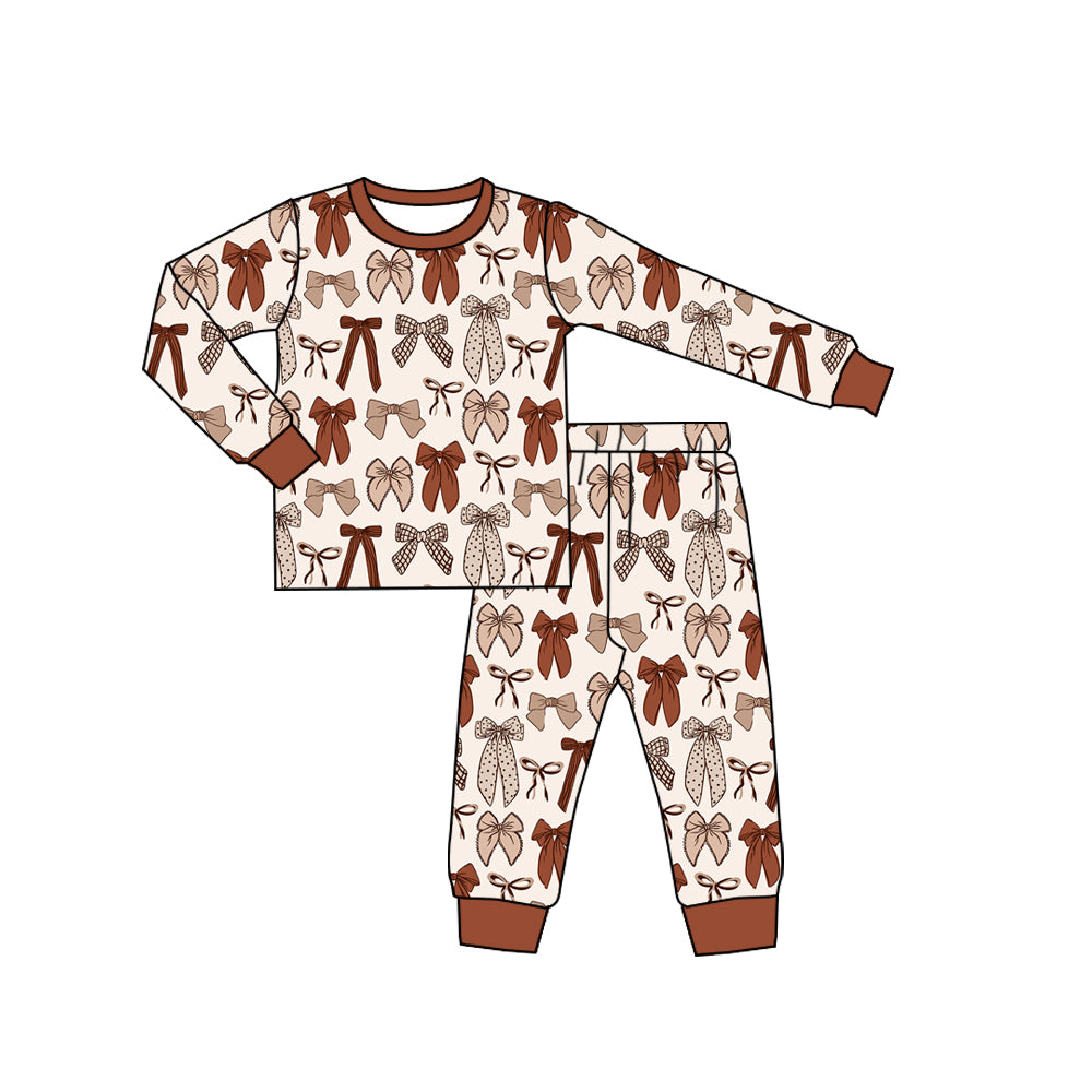 7.23 GLP3531 Preorder Brown Bows Print Long Sleeve Pants Girls Pajamas Clothes Set
