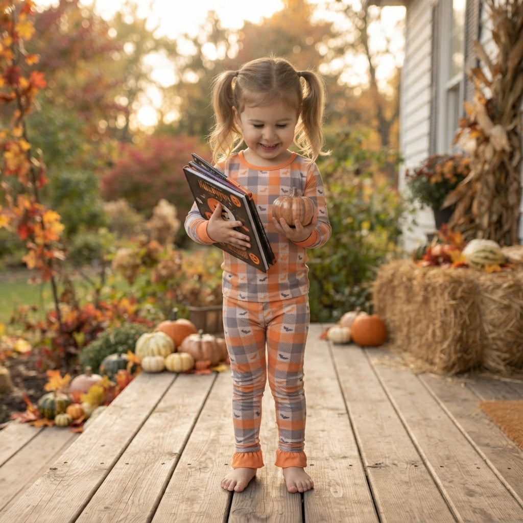 GLP3533 Bat Checkered Print Baby Girls Halloween Pajamas Clothes Set