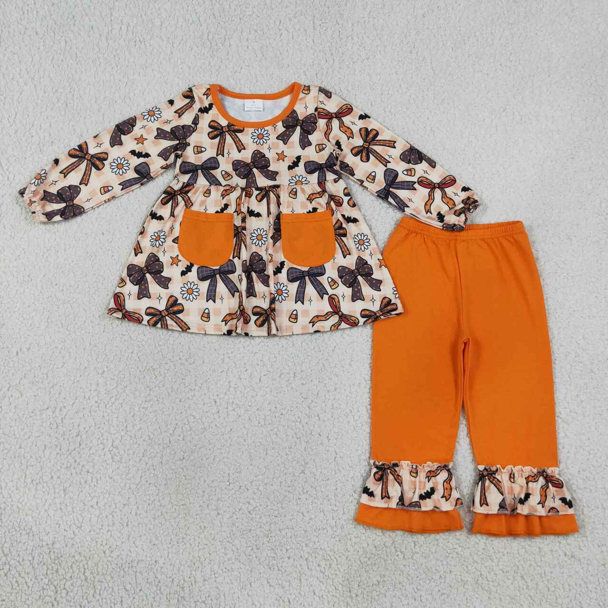 GLP3534 Bows Candy Flowers Bat Print Pockets Tunic Top Ruffle Orange Pants Girls Halloween Clothes Set