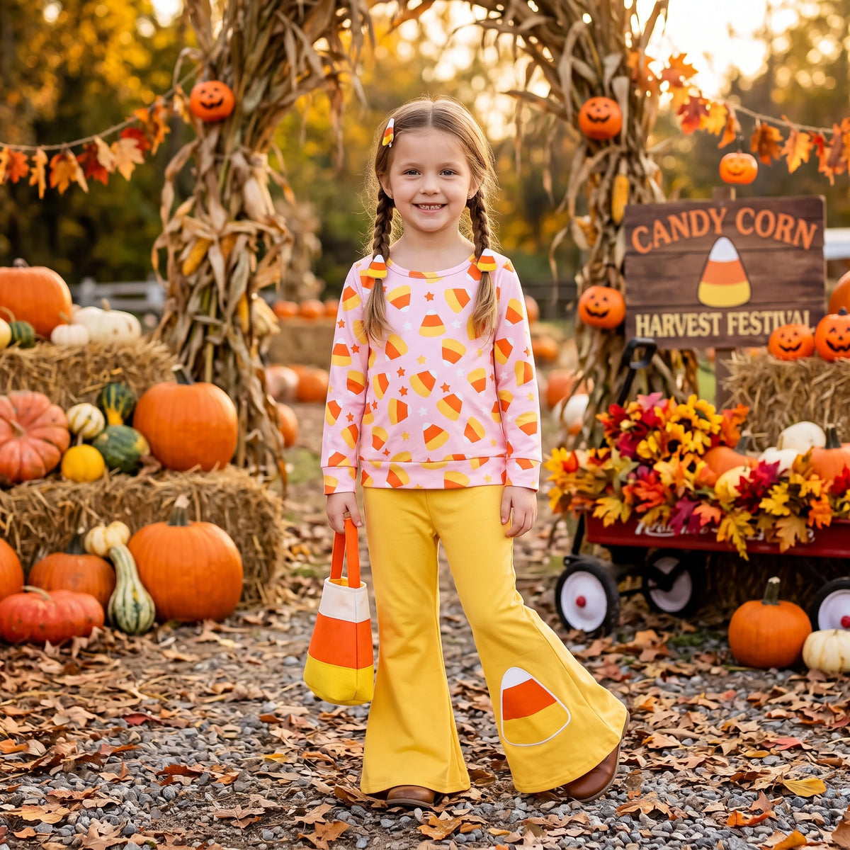 GLP3535 Candy Stars Top Orange Bell Pants Girls Halloween Clothes Set