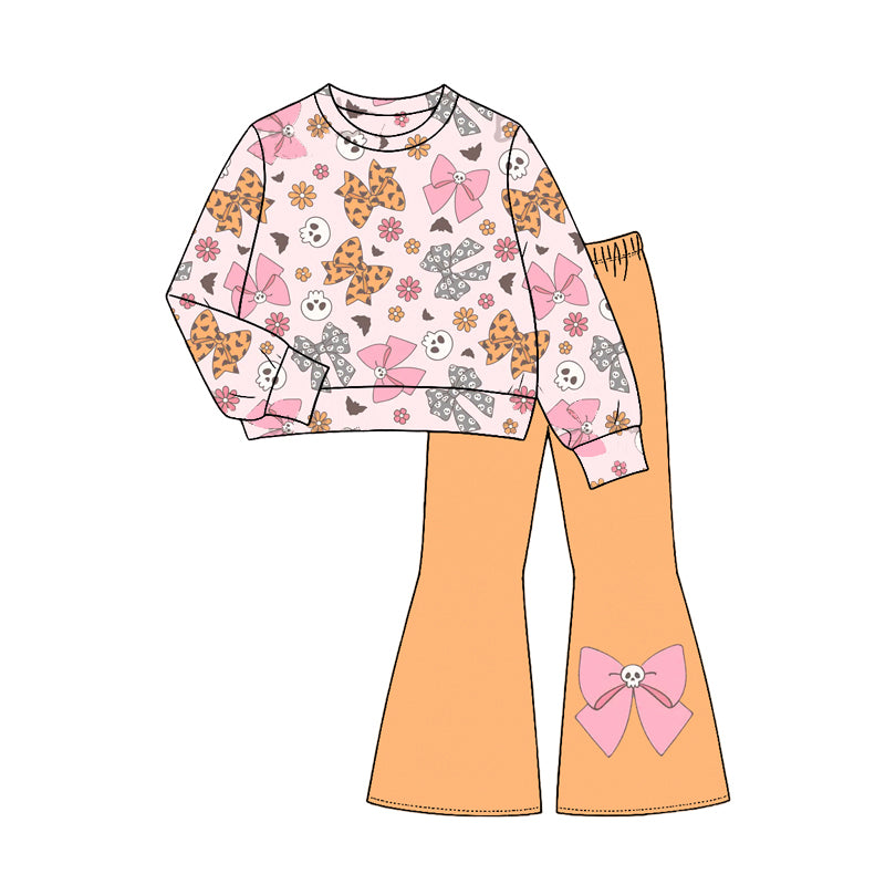 7.24 GLP3536 Preorder Skull Flowers Bows Top Orange Bell Pants Girls Halloween Clothes Set
