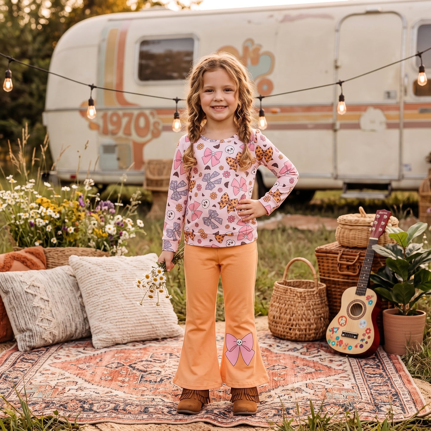 GLP3536 Skull Flowers Bows Top Orange Bell Pants Girls Halloween Clothes Set