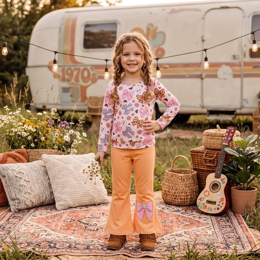 GLP3536 Skull Flowers Bows Top Orange Bell Pants Girls Halloween Clothes Set