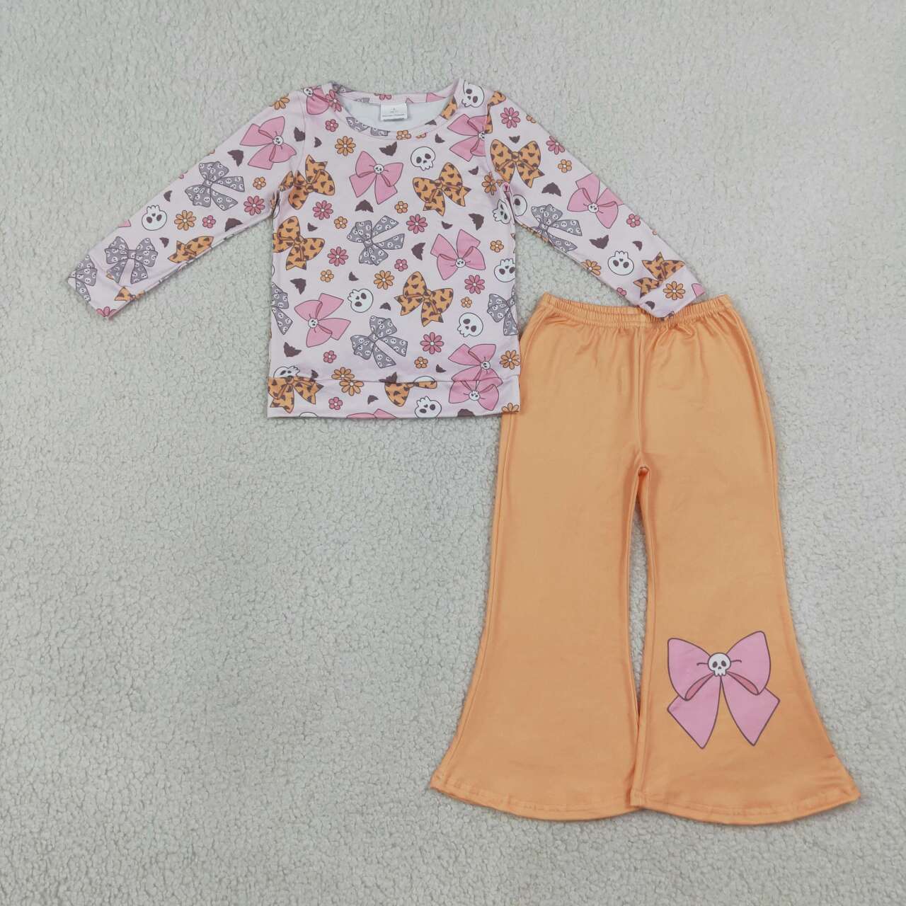 GLP3536 Skull Flowers Bows Top Orange Bell Pants Girls Halloween Clothes Set