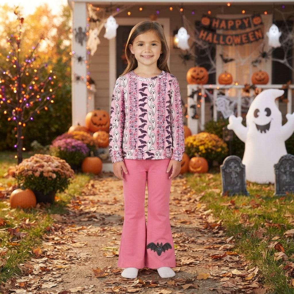 GLP3537 Ghost Bat Flowers Top Pink Bell Pants Girls Halloween Clothes Set