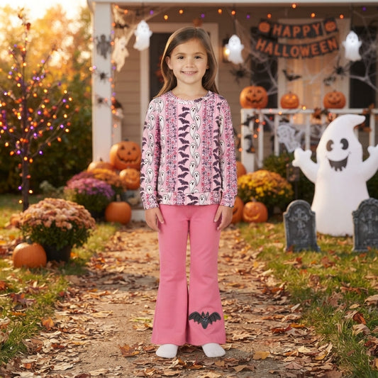 GLP3537 Ghost Bat Flowers Top Pink Bell Pants Girls Halloween Clothes Set