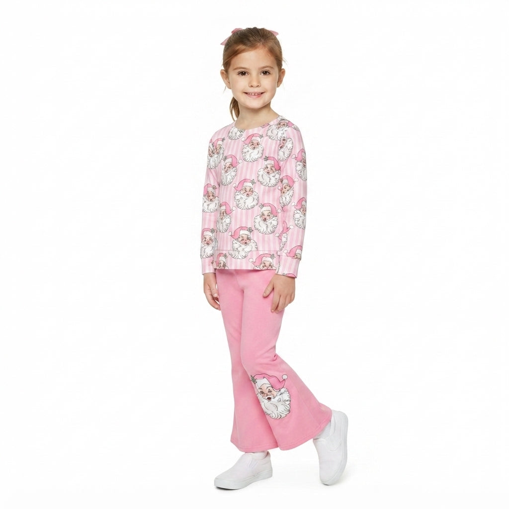 GLP3538 Santa Stripes Top Pink Bell Pants Girls Christmas Clothes Set