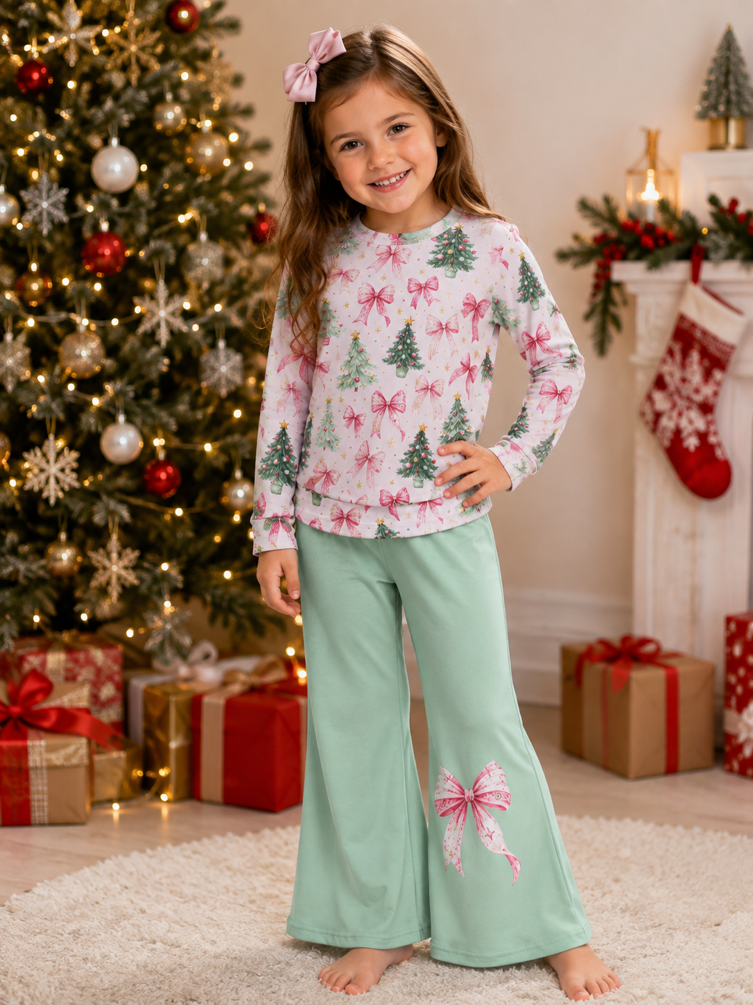 GLP3539 Tree Bows Top Green Bell Pants Girls Christmas Clothes Set