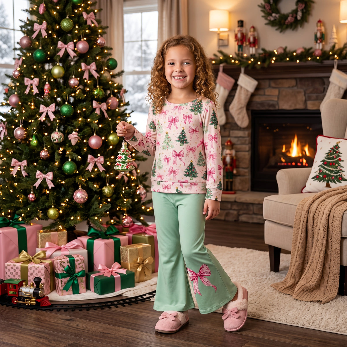 GLP3539 Tree Bows Top Green Bell Pants Girls Christmas Clothes Set