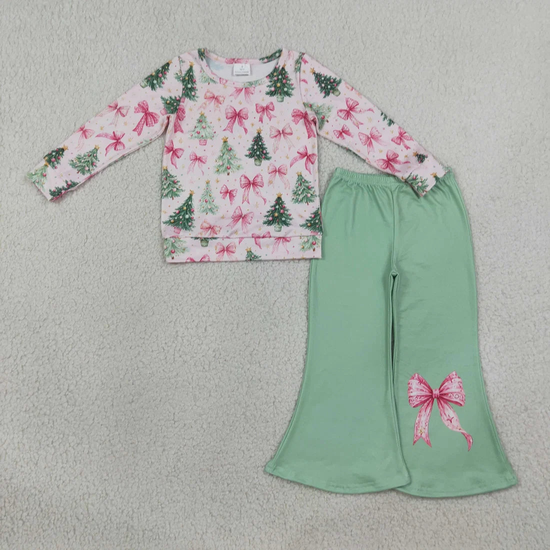 Sibling Baby Girls Bows Trees Candy Top Flare Pant Fall Christmas Clothes Sets