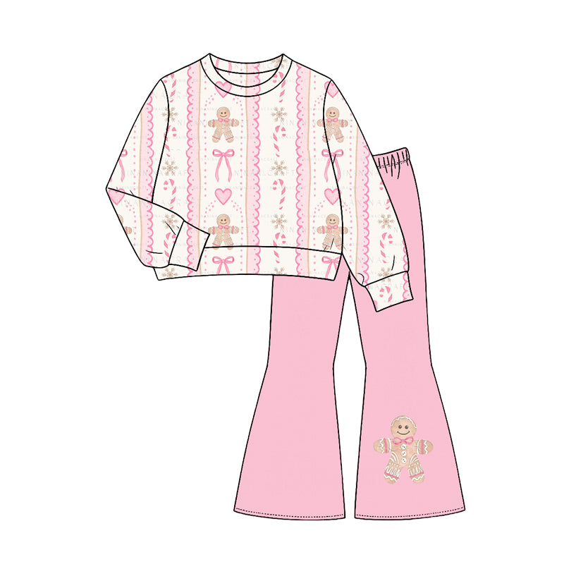 7.24 GLP3540 Preorder Gingerbread Bows Top Pink Bell Pants Girls Christmas Clothes Set