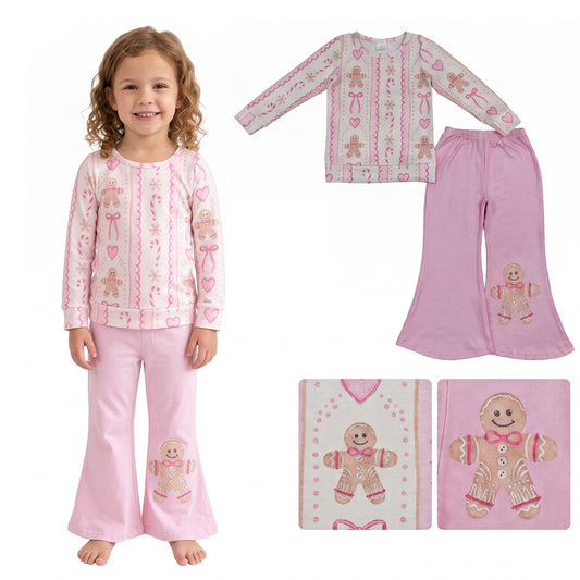 GLP3540 Gingerbread Bows Top Pink Bell Pants Girls Christmas Clothes Set