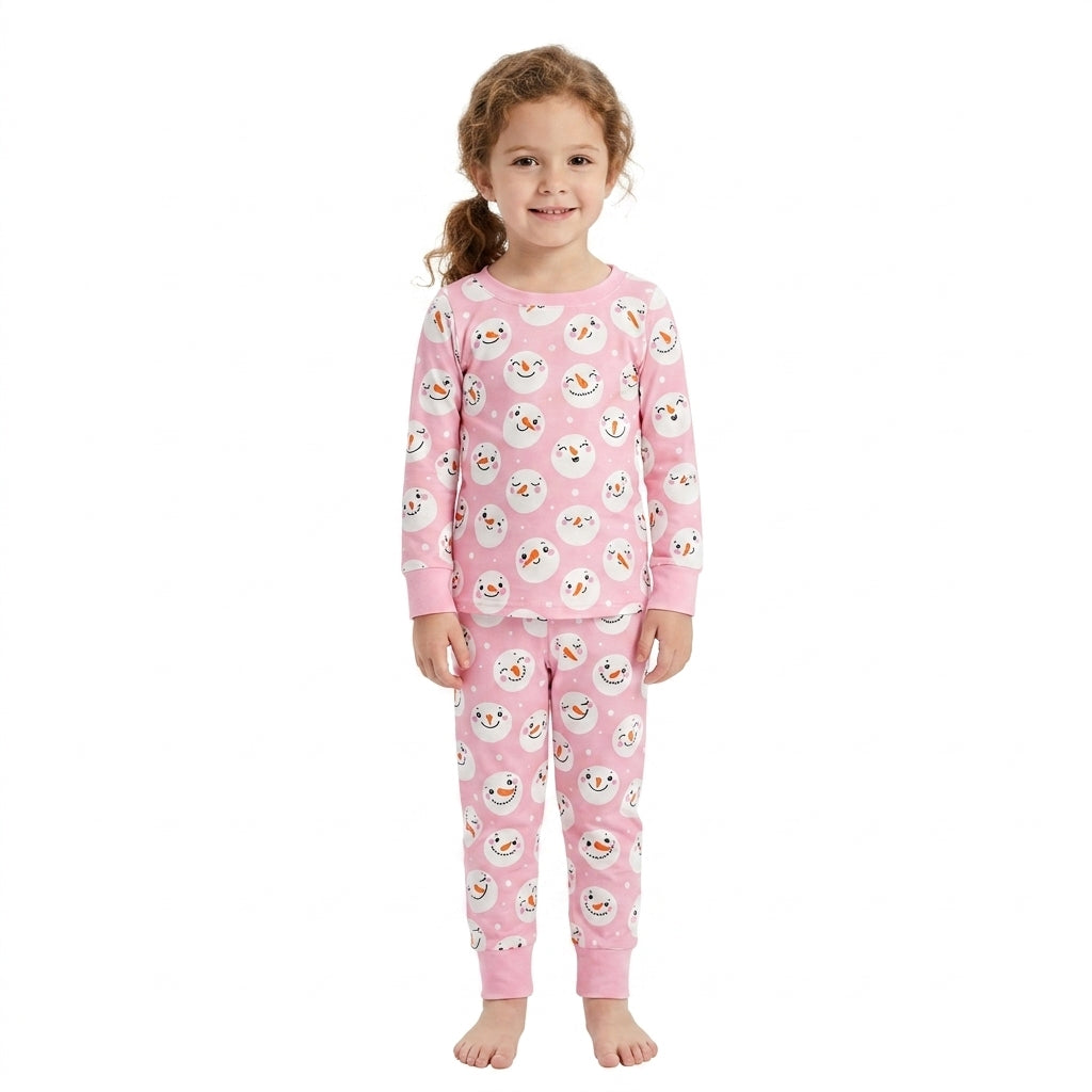 GLP3543 Snowman Smiling Pink Print Girls Christmas Pajamas Clothes Set