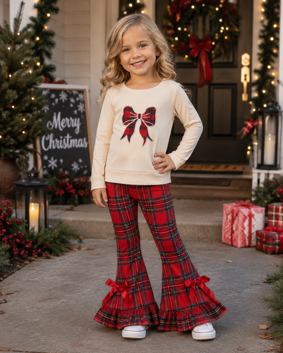 GLP3547 Bow Embroidery Top Red Checkered Bell Pants Girls Christmas Clothes Set