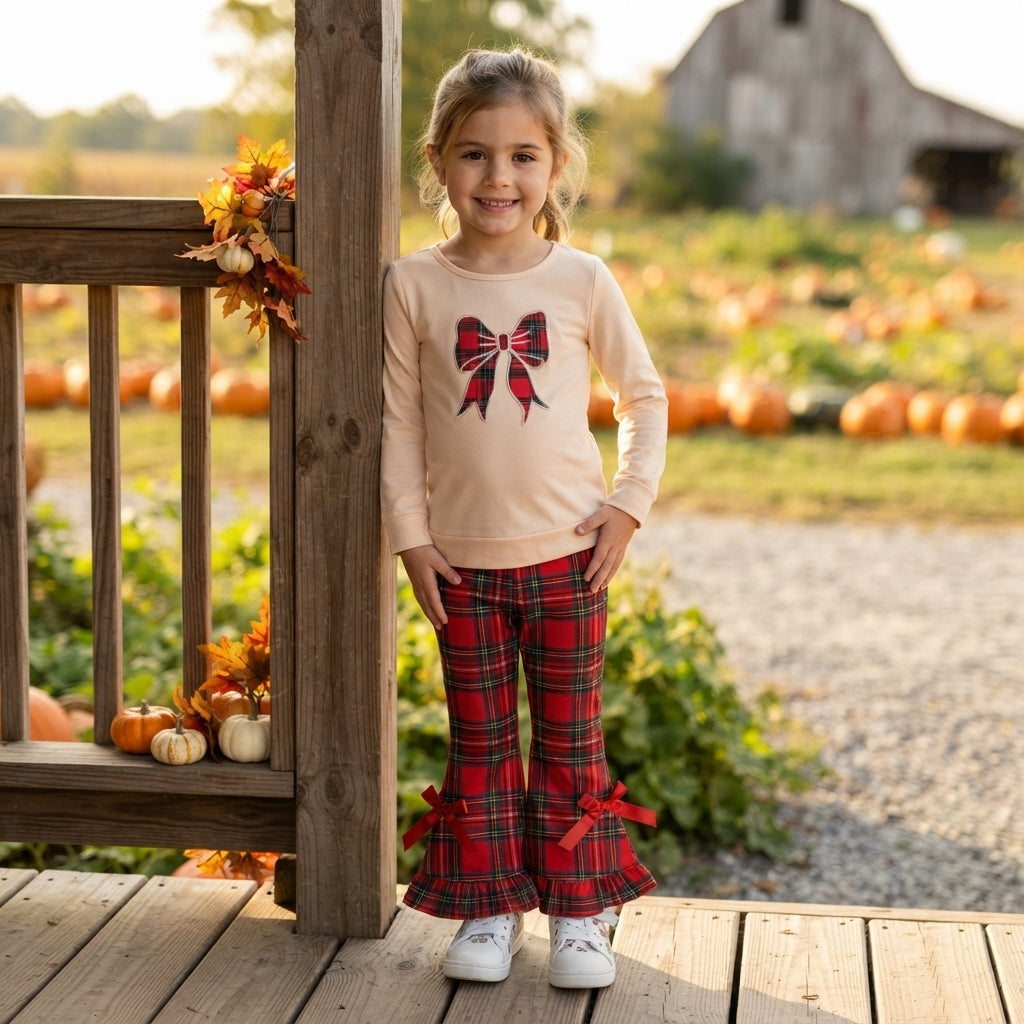 GLP3547 Bow Embroidery Top Red Checkered Bell Pants Girls Christmas Clothes Set