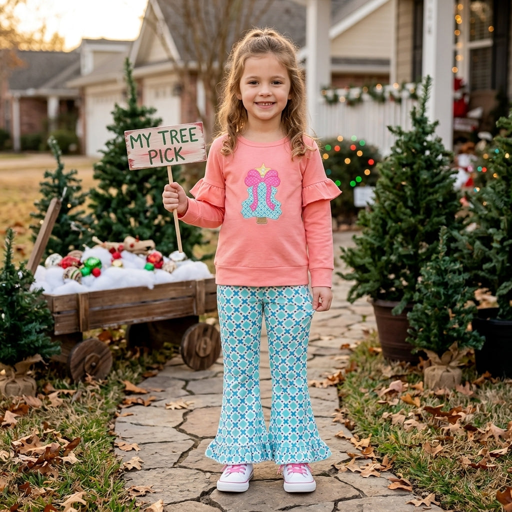 GLP3548 Bow Tree Embroidery Pink Top Checkered Bell Pants Girls Christmas Clothes Set
