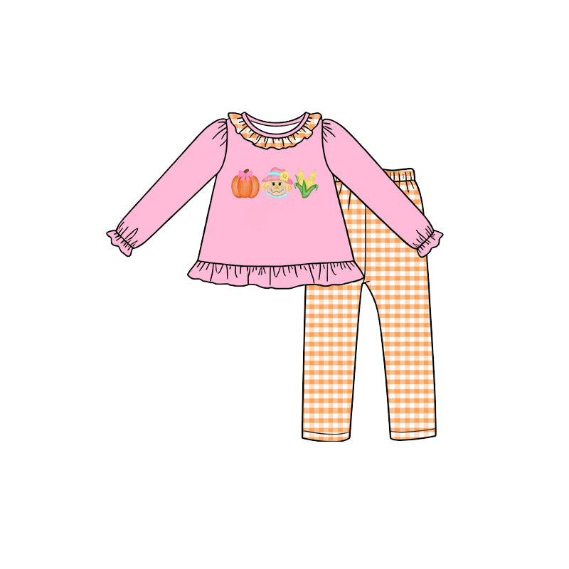7.29 GLP3551 Preorder Pumpkin Scarecrow Corn Pink Top Checkered Pants Girls Fall Clothes Set