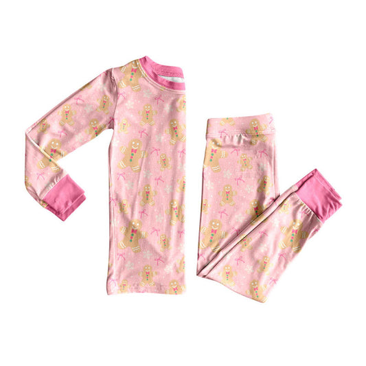 7.29 GLP3553 Preorder Gingerbread Bows Pink Print Long Sleeve Pants Girls Christmas Pajamas Clothes Set