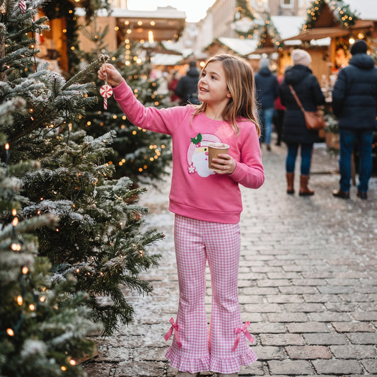 GLP3561 Santa Embroidery Hot Pink Top Checkered Bell Pants Girls Christmas Clothes Set