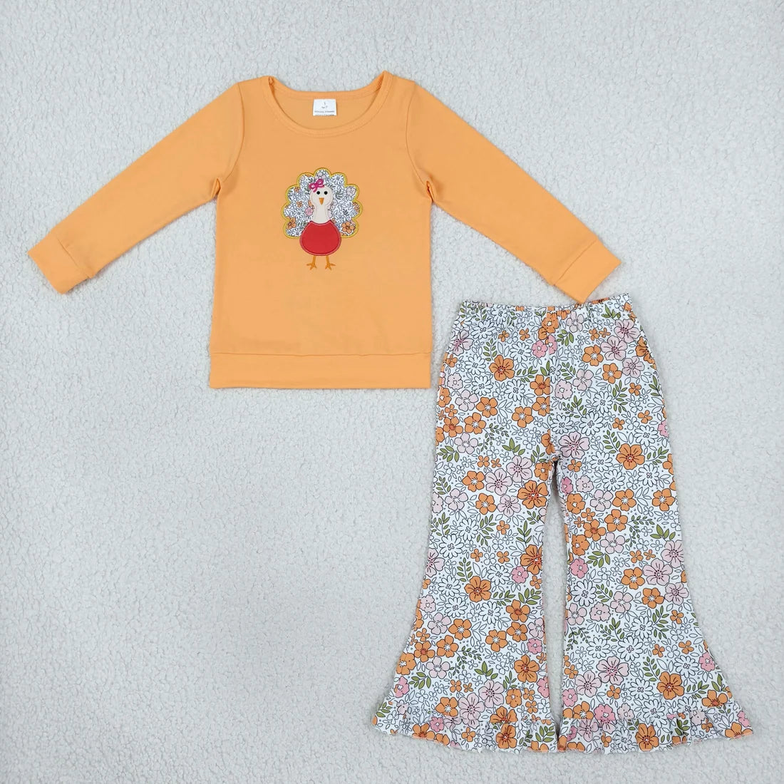 Sibling  Baby Girls Embroidery Turkey Long Sleeve Top Falre Pants Outfit