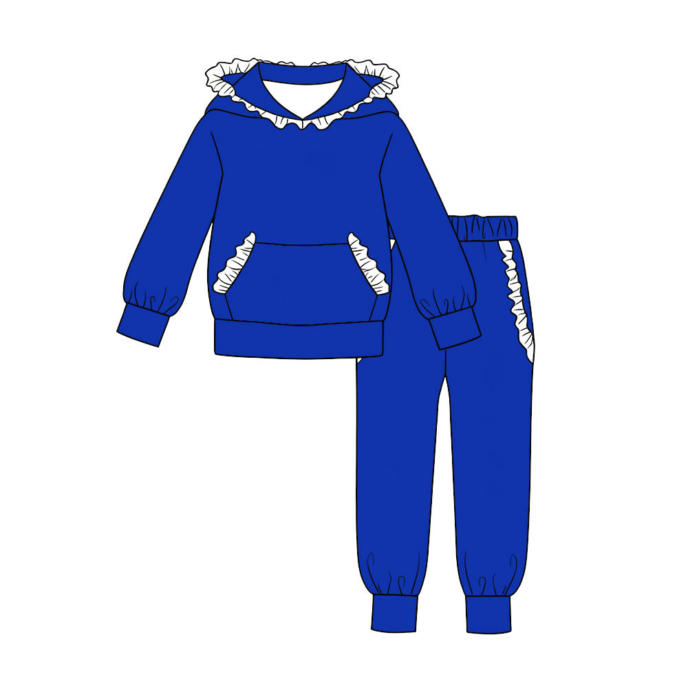 7.29  Preorder  Kids Girls Blue Hoodie Top with White Ruffle +Jogger Outfit
