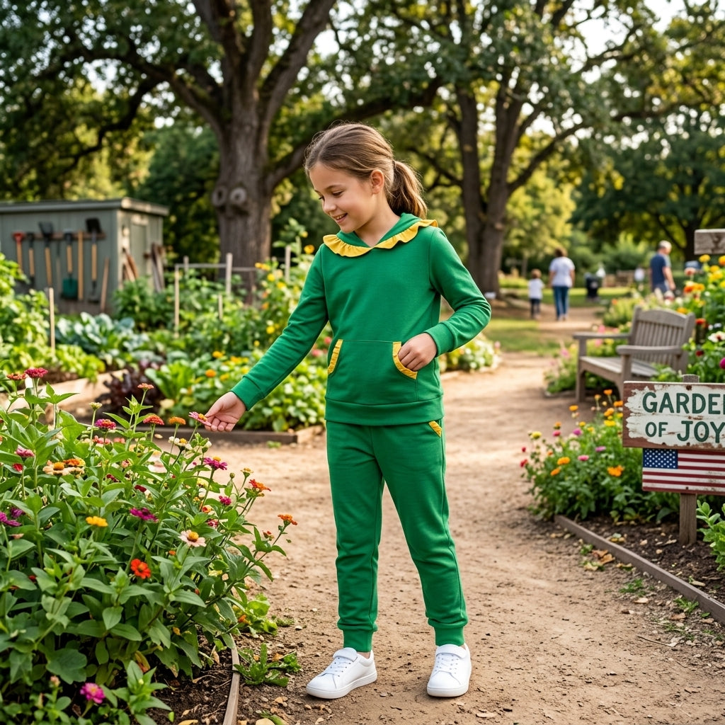 GLP3569 Green Cotton Yellow Ruffles Hoodie Top Pockets Joggers Pants Girls Clothes Set