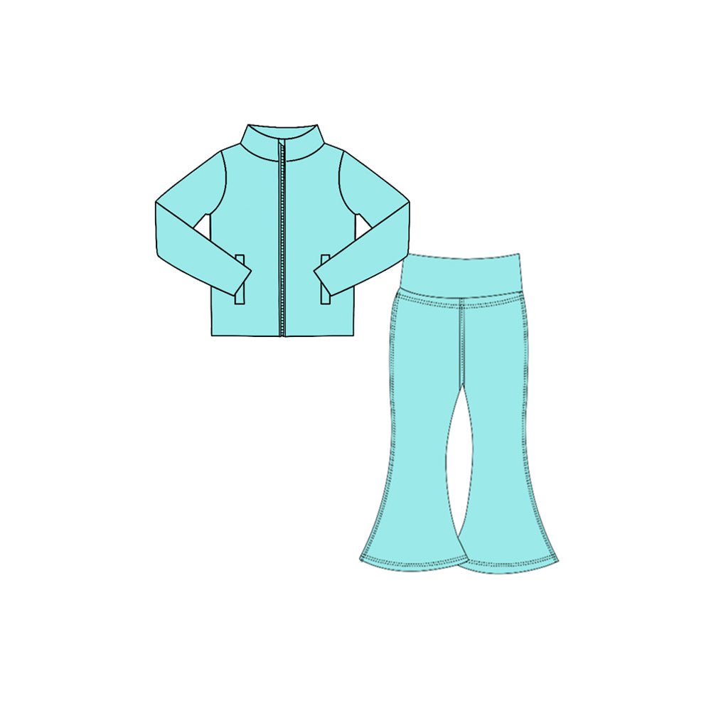 7.29  Preorder  Kids Girls Mint Green Solid Color Pullover Top with Bell Bottom Pants Active Outfit